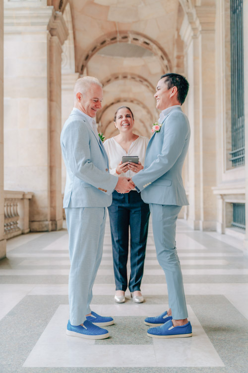 gay friendly bilingual celebrant in Paris France officiating Louvre elopement